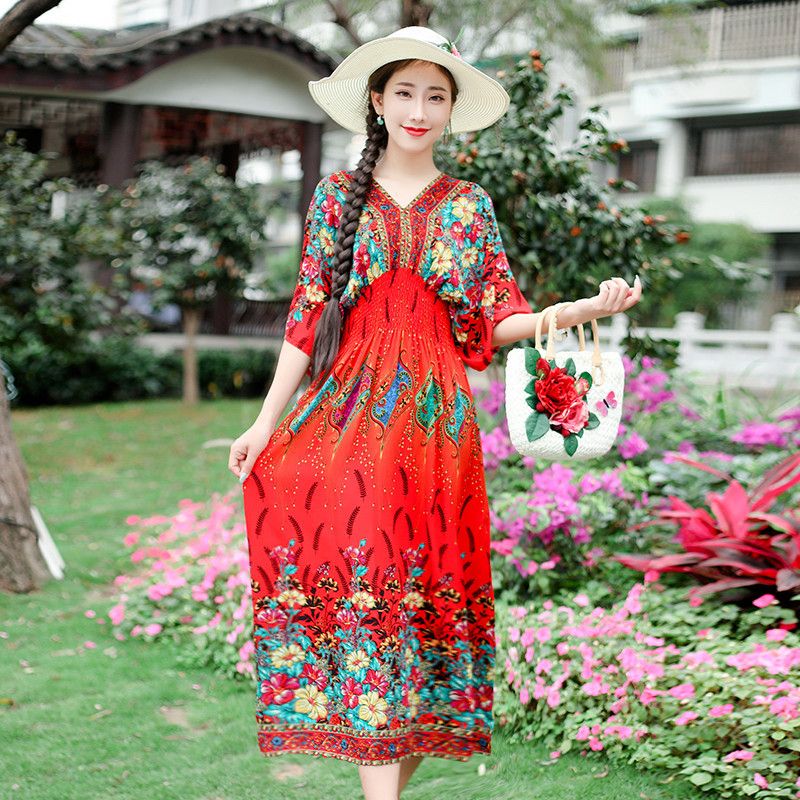 Cotton silk dress 2022 spring and summer new ethnic style women's clothing printed mid-length five-quarter sleeves V-neck loose skirt