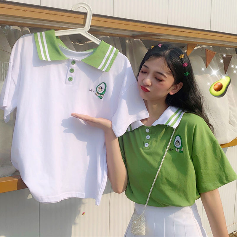 Summer women's Korean loose ins the same green polo Lapel short sleeve T-shirt girl students BF half sleeve top fashion