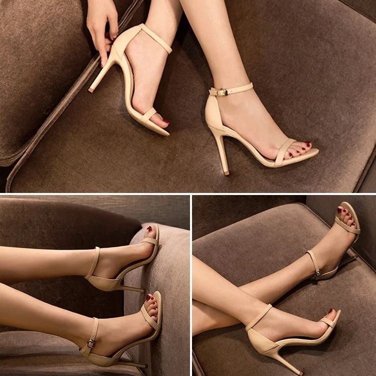 2020 summer new one line buckle sandals women's thin heel open toe temperament high heels soft leather women's shoes small size