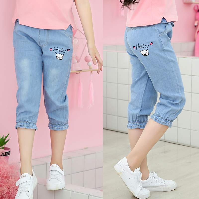 Girls' denim cropped pants new thin loose middle-aged children 13 girls western style fashionable casual 14-year-old cropped shorts