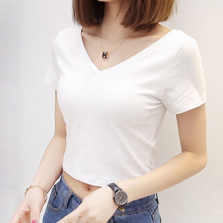 Double V-neck tight-fitting black short-sleeved female student high waist short t-shirt exposed navel top clothes leaking belly button sexy summer trend