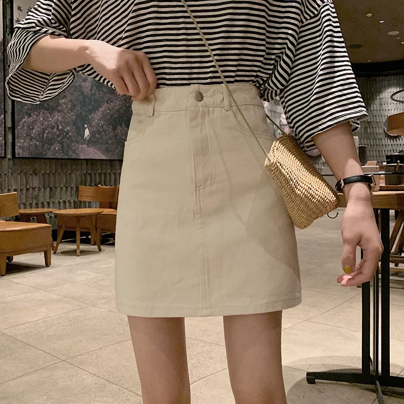 Skirt women 2020 new spring Korean retro simple pocket high waist leg long A-line Denim Short Skirt