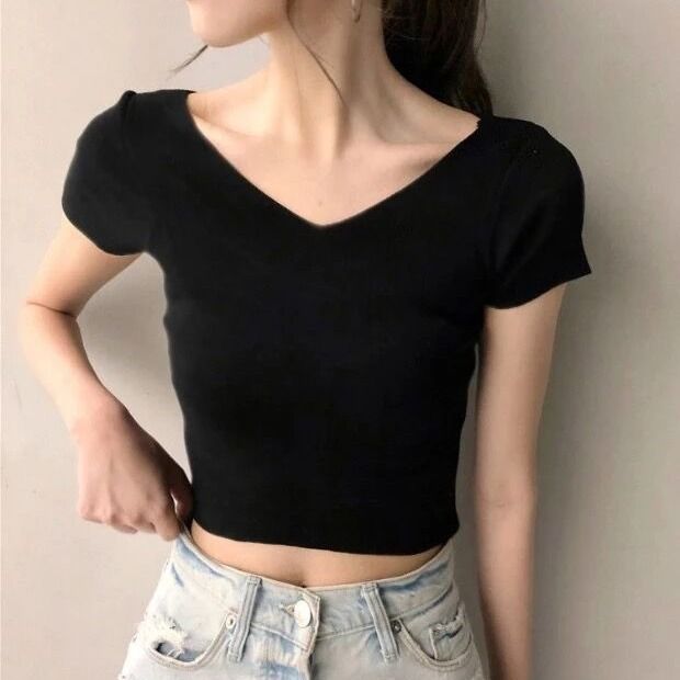 Double V-neck tight-fitting black short-sleeved female student high waist short t-shirt exposed navel top clothes leaking belly button sexy summer trend