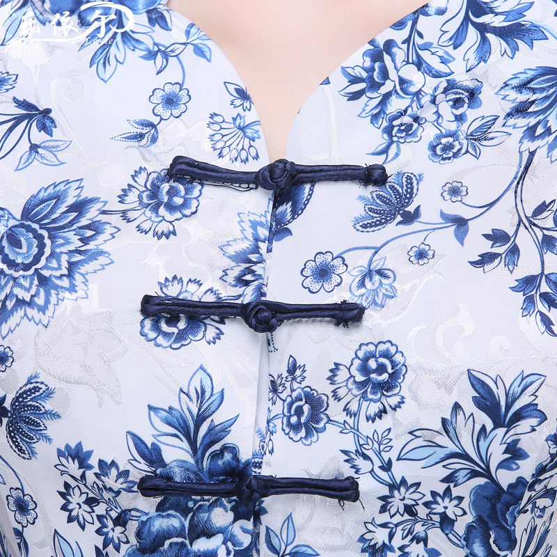 夏季青花瓷短袖旗袍上衣唐装套装盘扣中式汉服复古妈妈套装大码