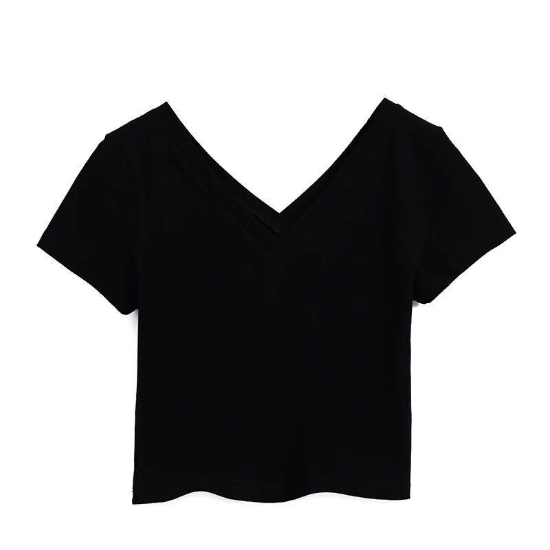 Double V-neck tight-fitting black short-sleeved female student high waist short t-shirt exposed navel top clothes leaking belly button sexy summer trend