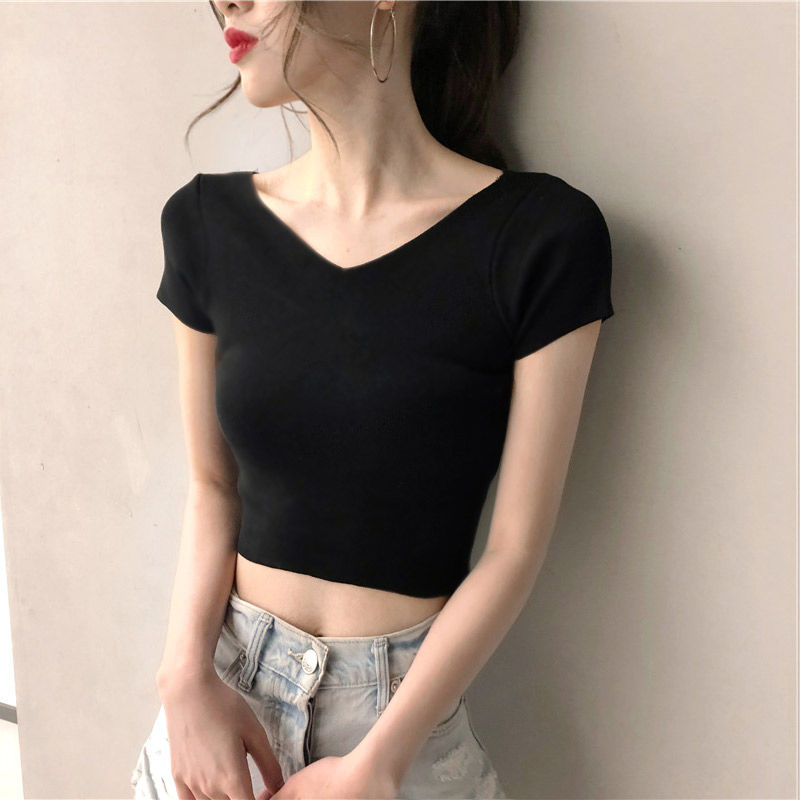 Double V-neck tight-fitting black short-sleeved female student high waist short t-shirt exposed navel top clothes leaking belly button sexy summer trend