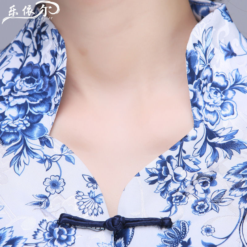 夏季青花瓷短袖旗袍上衣唐装套装盘扣中式汉服复古妈妈套装大码