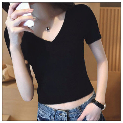 Summer slim backless short t-shirt girls exposed belly button short-sleeved black high waist double V-neck tight-fitting sweetheart collar top