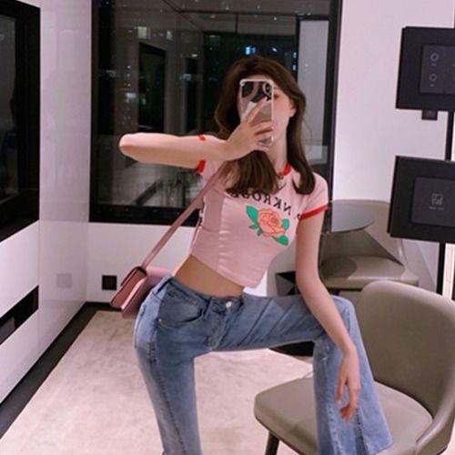 Ins summer pink small fresh high waist navel short-sleeved t-shirt female students short section hit color tight half-sleeved top tide