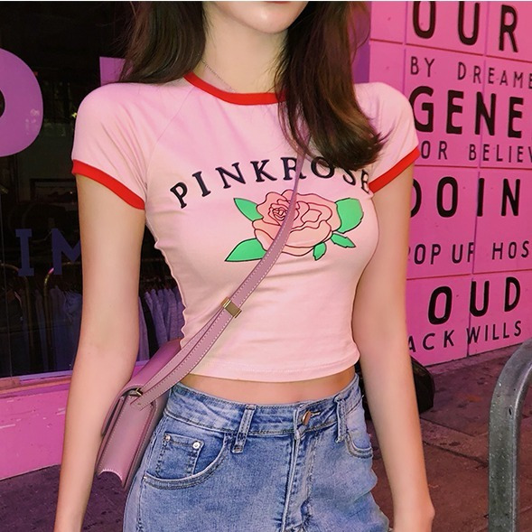 Ins summer pink small fresh high waist navel short-sleeved t-shirt female students short section hit color tight half-sleeved top tide