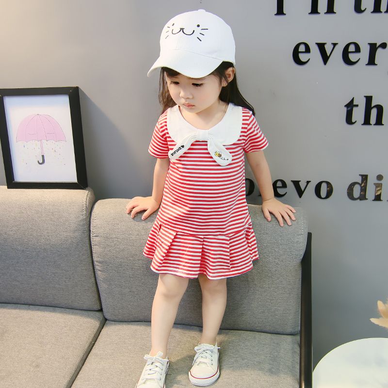 Girls' dress 2019 summer new foreign style girl's striped short sleeve skirt baby's Korean pleated skirt