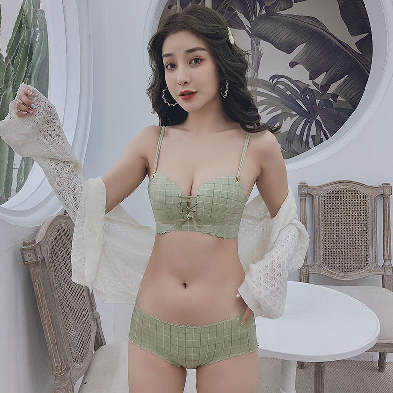 Strappy no steel ring plaid bra women's seamless thick thin section breathable gather small chest lingerie set/single piece