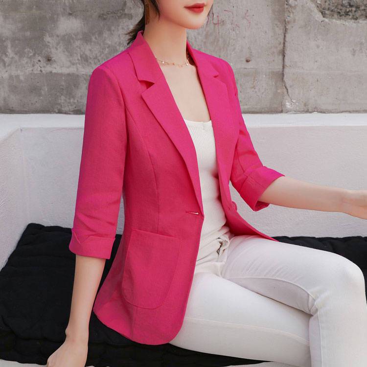Net red ice silk cotton linen autumn thin section women's suit jacket self-cultivation professional three-quarter sleeves small suit jacket women
