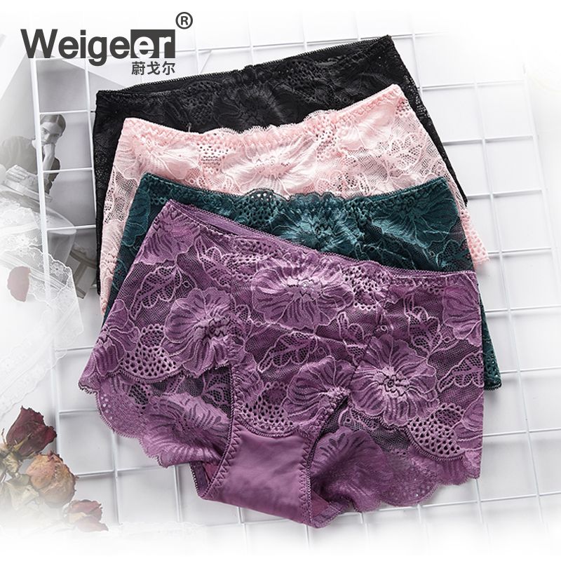 4 Packs Sexy Lace Panties Women's Mid Waist No Trace Breathable Women's Briefs Head Women's Underpants Large Size Women's Models