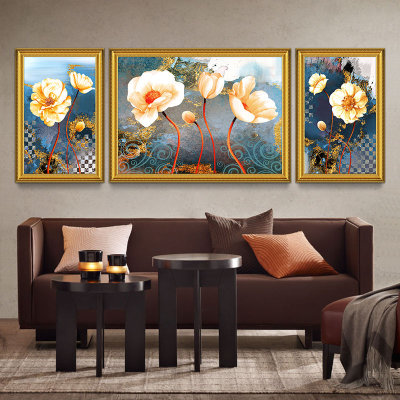 花卉装饰画客厅沙发背景墙画欧式三联画简欧风格现代大气轻奢挂画