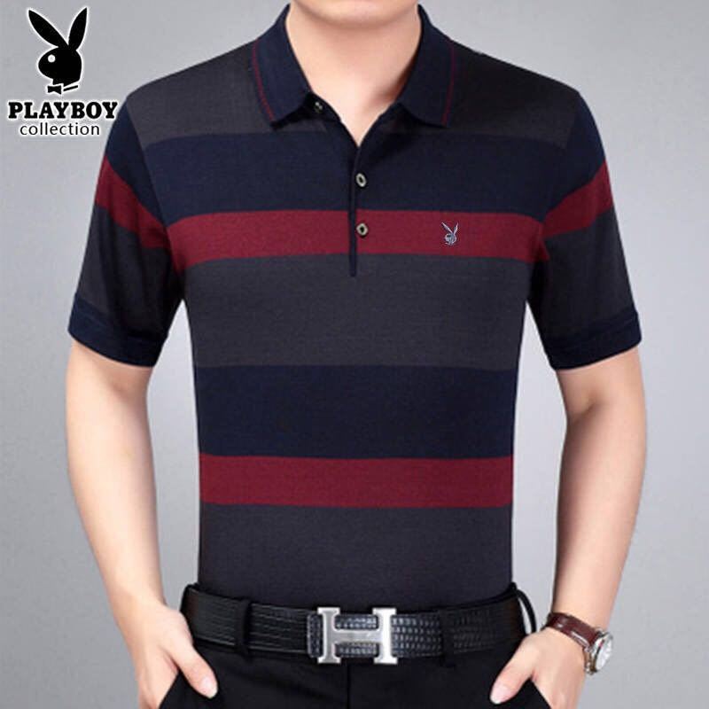 Playboy VIP Men's Short Sleeve T-shirt Ice Silk Stripe Loose Large Middle-aged And Old Dad Men's Polo Shirt [issued On February 11]