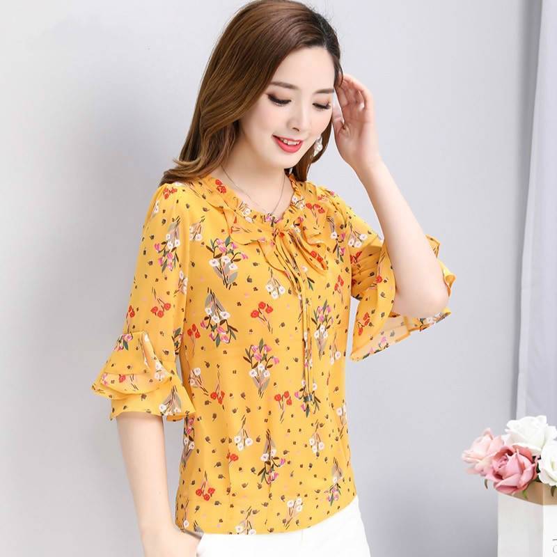 Medium sleeve / long sleeve Floral Chiffon shirt 2020 summer new women's fashion small shirt large size temperament shirt top