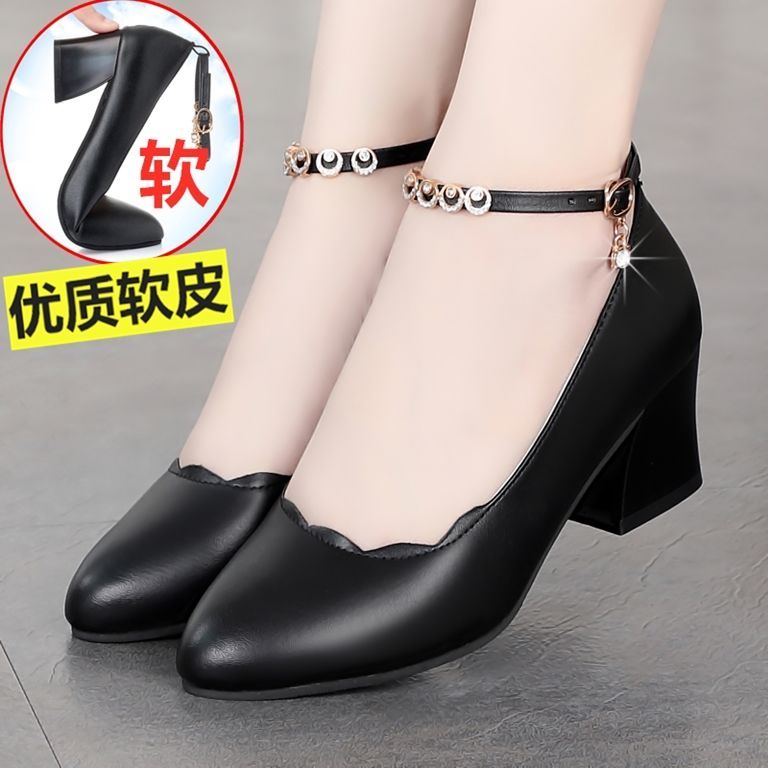春秋鞋女四季女鞋粗跟单鞋女中跟皮鞋女士春秋一字扣皮鞋妈妈鞋
