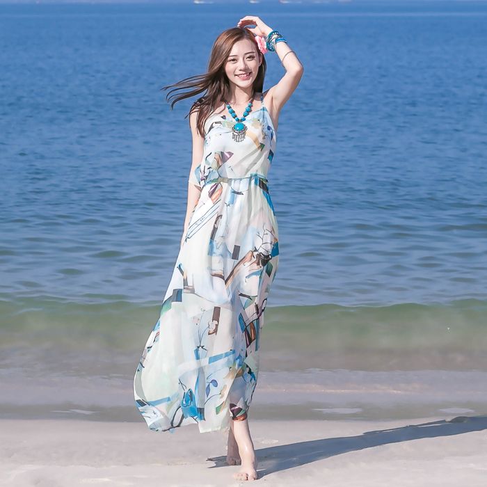 Summer new Korean slim suspender Chiffon Dress seaside holiday beach skirt Bohemian long skirt