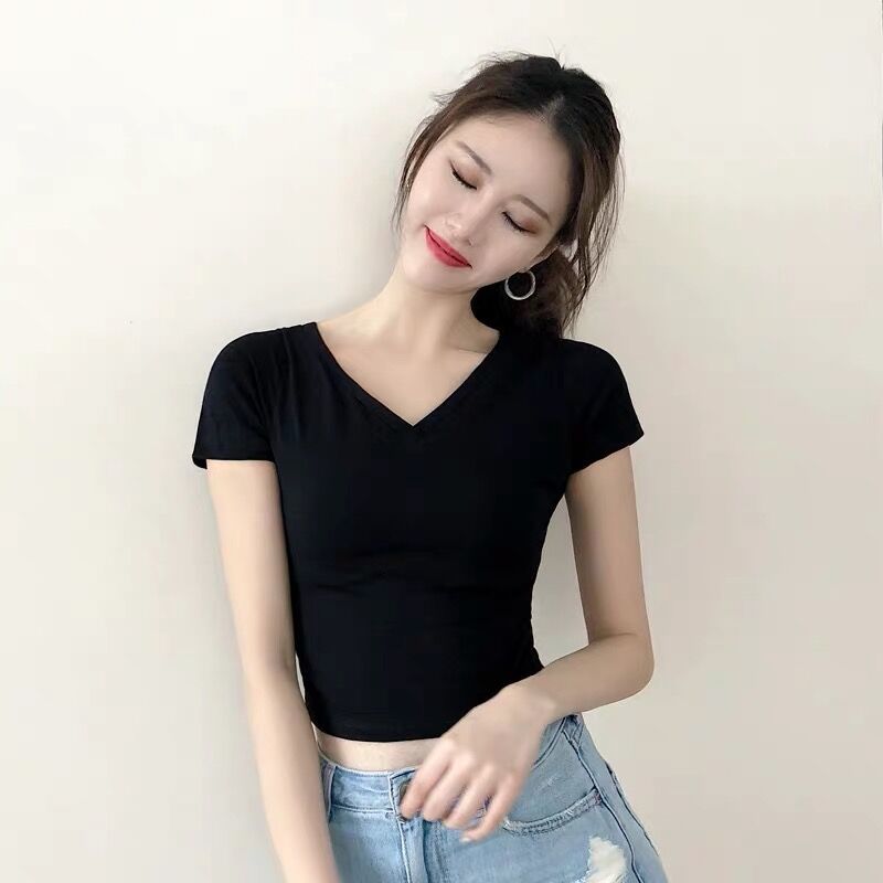 Front and rear big double V-neck sweetheart collar student high waist leaking umbilical cord backless bottoming shirt short-sleeved T-shirt ladies tight top