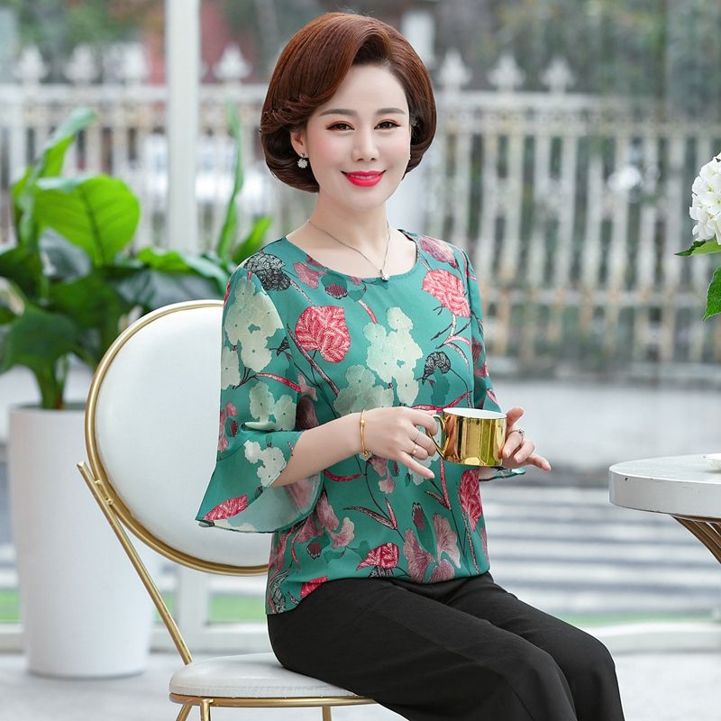 中老年女装短袖t恤雪纺衫阔太太女中袖小衫妈妈夏装新款洋气上衣