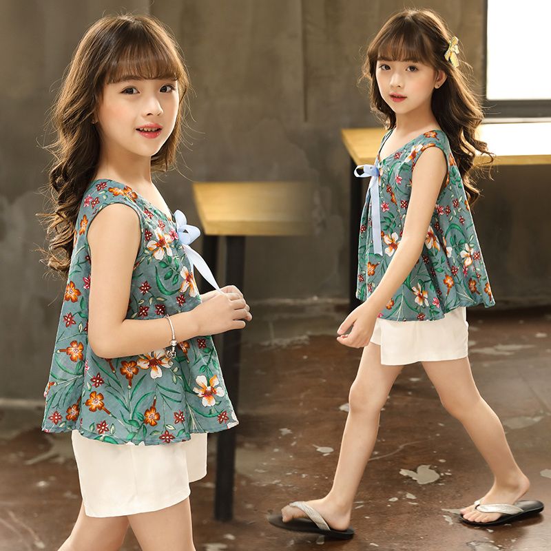 Girls' summer new Korean children's sleeveless shorts 2-piece suit
