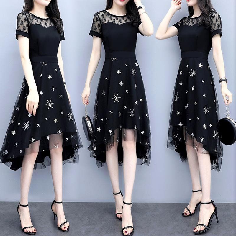 Summer dress new suitable for fat women foreign style big size mm200kg cover belly reduce age show thin lace dress women