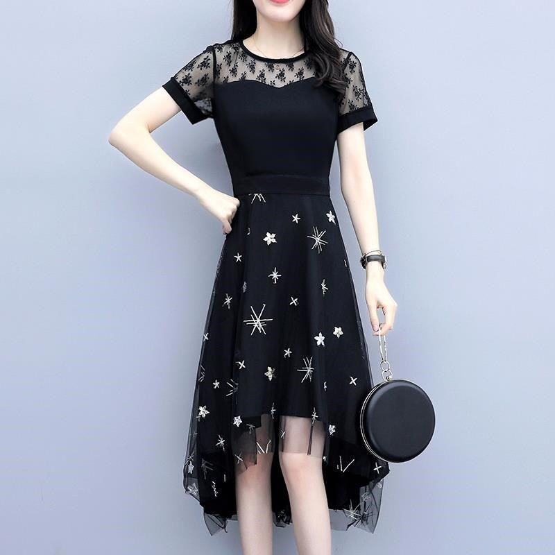 Summer dress new suitable for fat women foreign style big size mm200kg cover belly reduce age show thin lace dress women