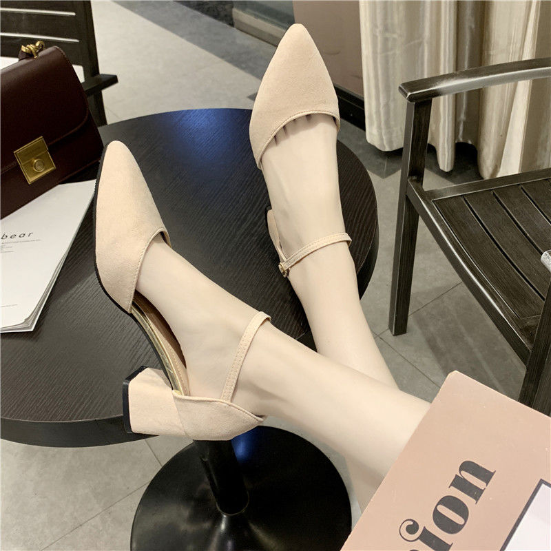 Shoes female student Korean version Baotou single shoes female summer versatile middle heel pointed button thick heel high heels female sandals
