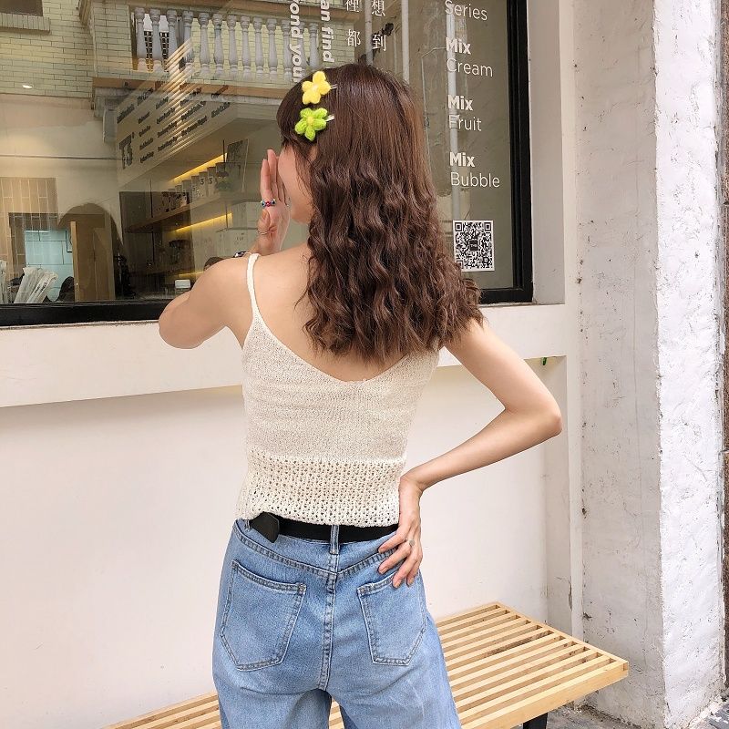 夏季新款韩版chic甜美小清新V领樱桃刺绣镂空短款针织吊带衫背心
