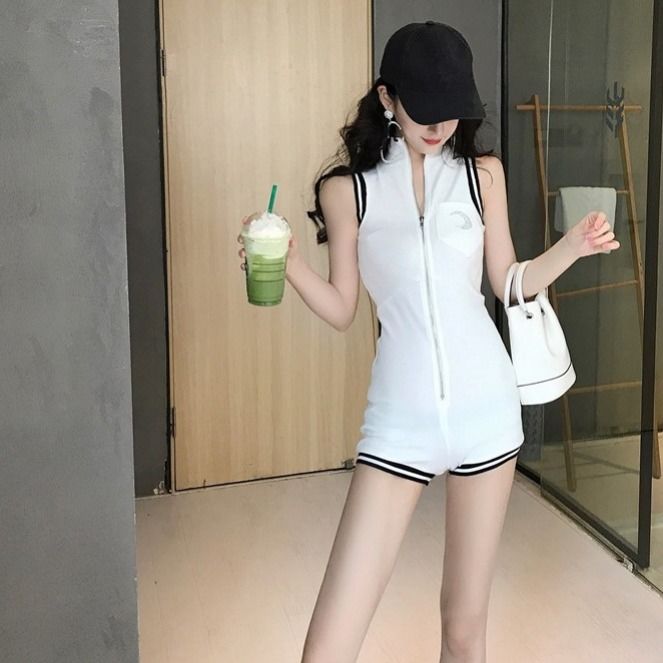 Korean style temperament chic style sports slim thin section knitted jumpsuit women's summer high waist casual one-piece shorts tide