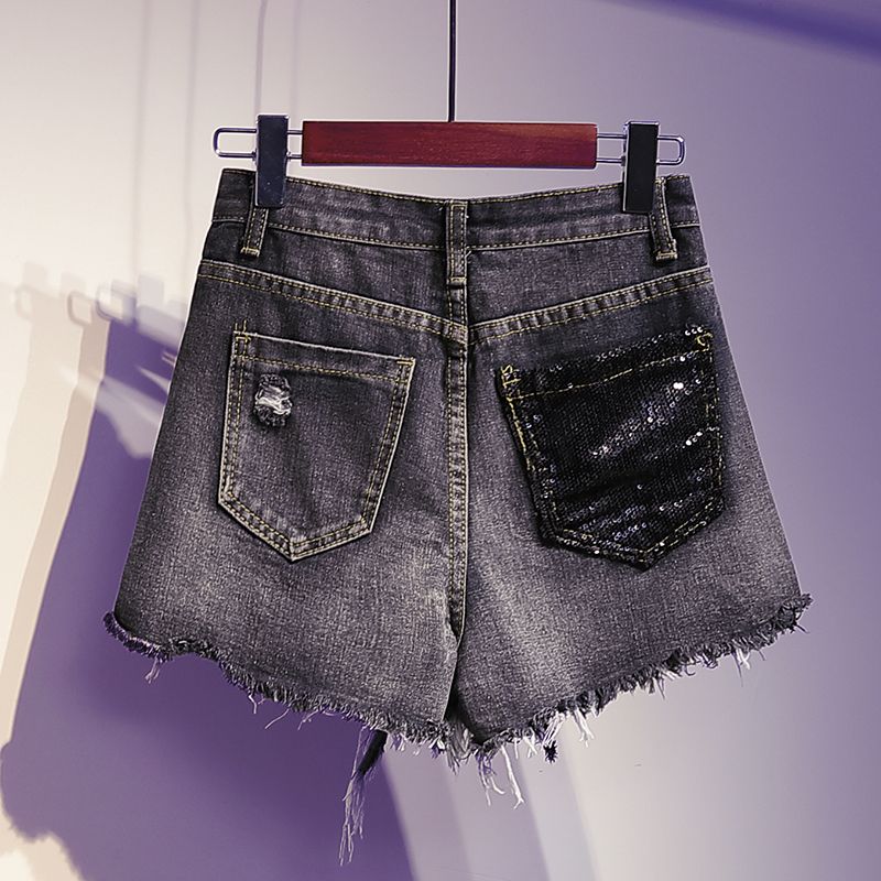 Spring and summer Korean version of large size fat mm denim shorts women's sequins loose and thin high waist raw edge a-line wide-leg hot pants