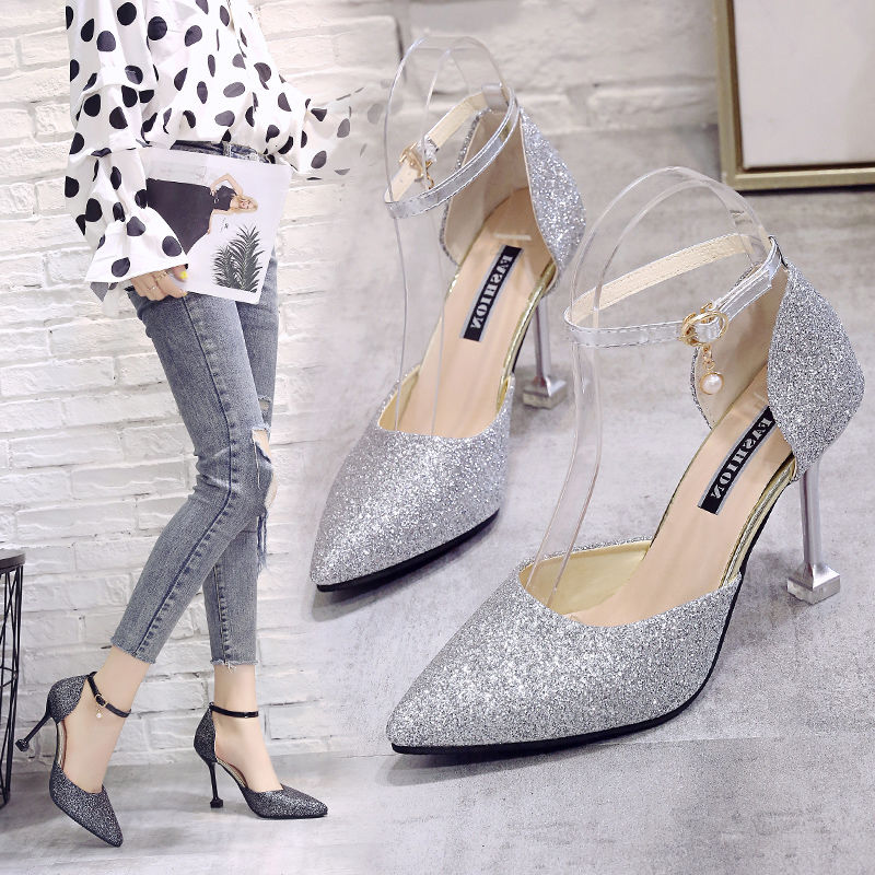 Sandals women summer 2020 new model cat heel pointed girl high heels thin heel button Sequin silver women's shoes