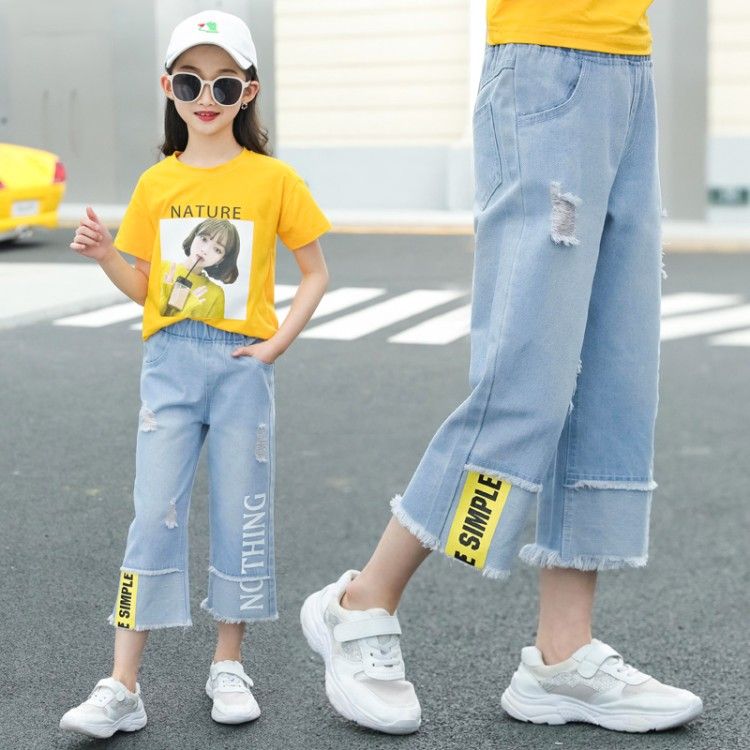 女童夏裝套裝4-14歲兒童小女孩薄中大童牛仔褲短袖短褲兩件套學生