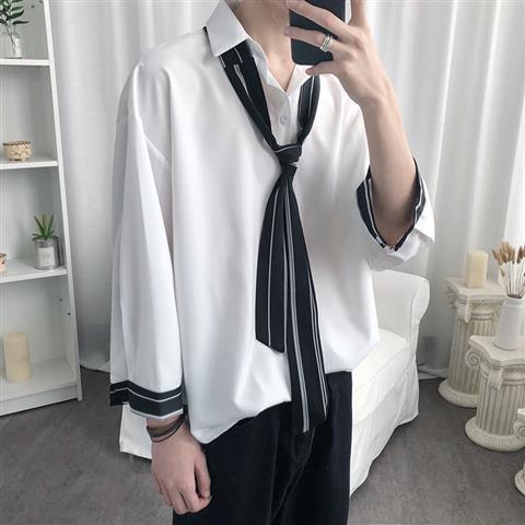 2019 summer new white shirt men's Korean version loose thin seven point sleeve shirt male student short sleeve male 5