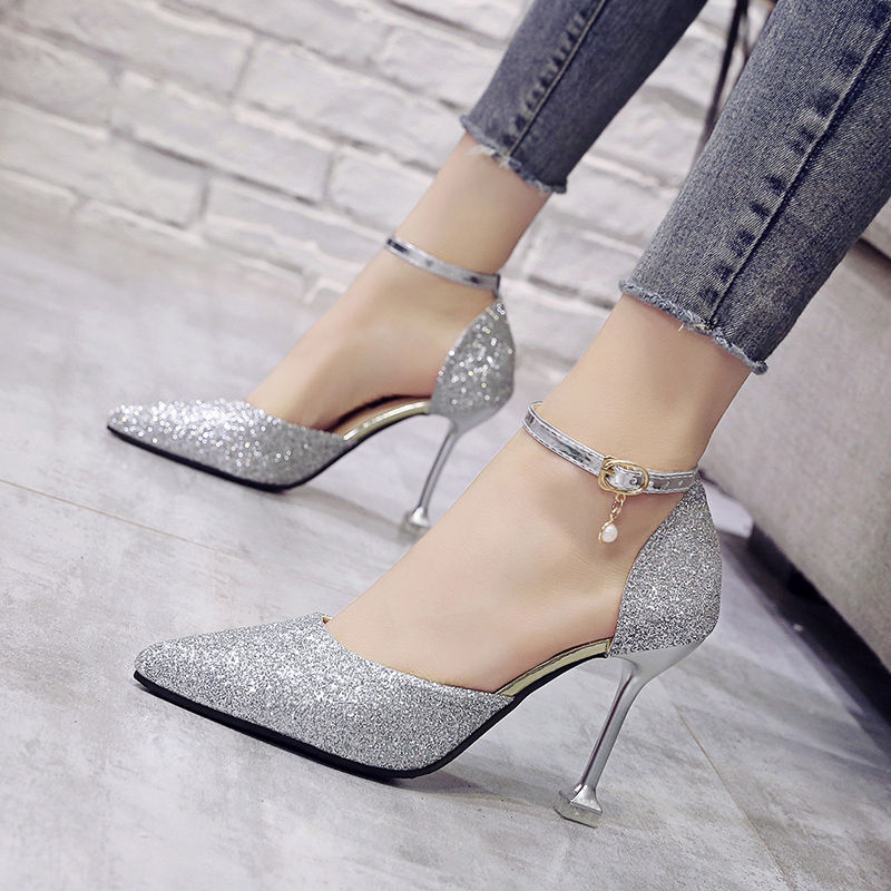 Sandals women summer 2020 new model cat heel pointed girl high heels thin heel button Sequin silver women's shoes