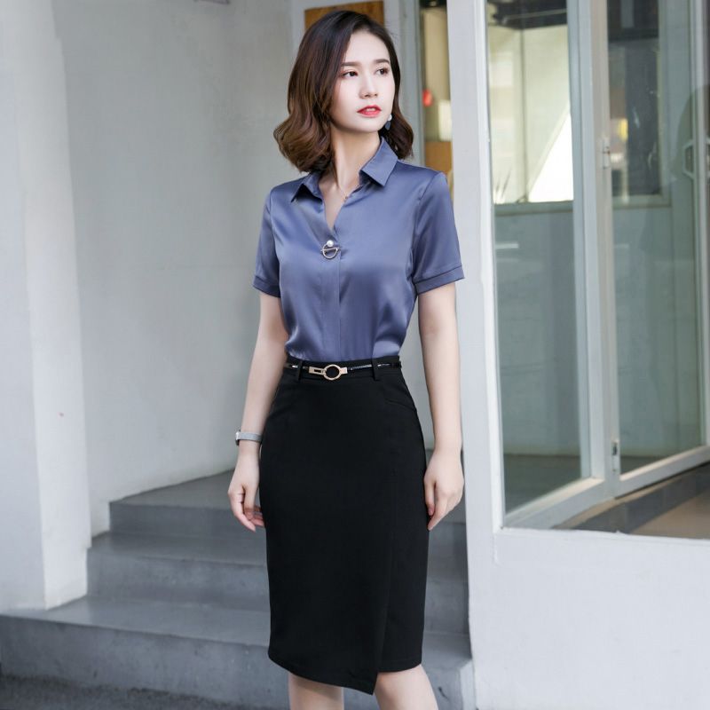 職業套裝女2023夏季新款雪紡白色襯衫韓版氣質工作服短袖兩件套裙