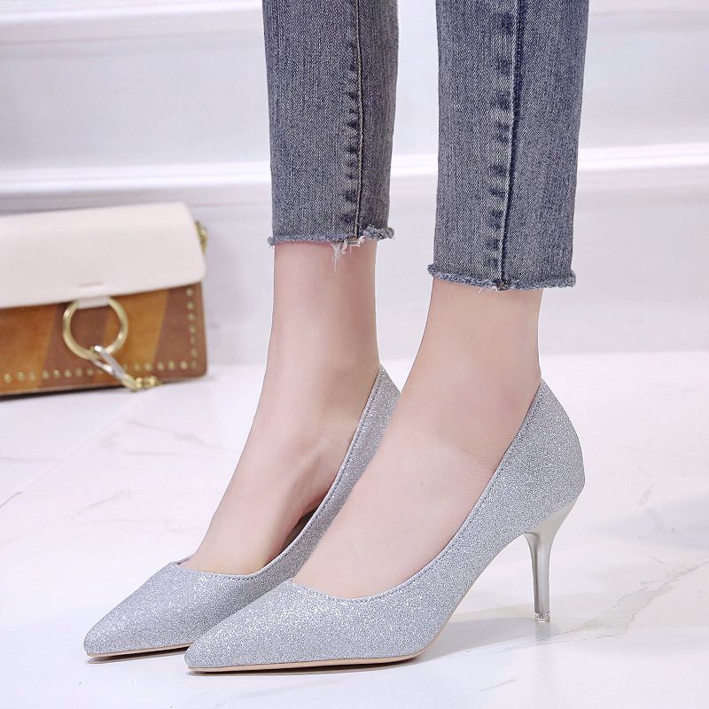 2023 spring new silver high-heeled shoes women's stiletto black sexy all-match French net red sequined girls' single shoes