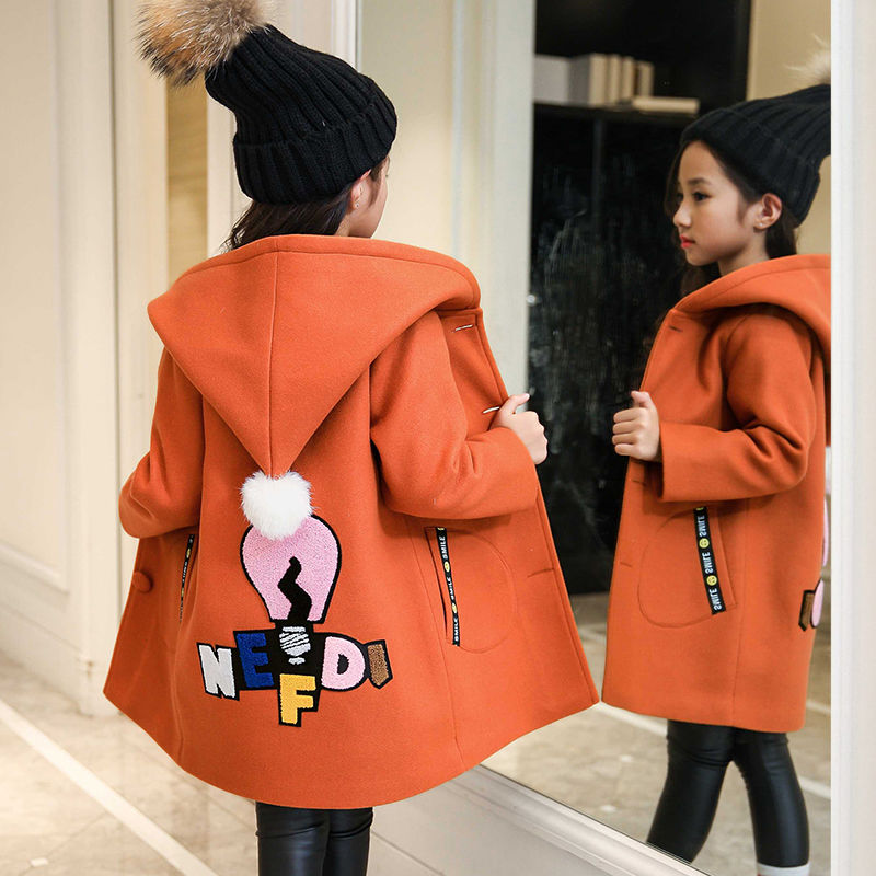 Girls' autumn and winter woolen windbreaker children's girls' medium and long Korean woolen overcoat