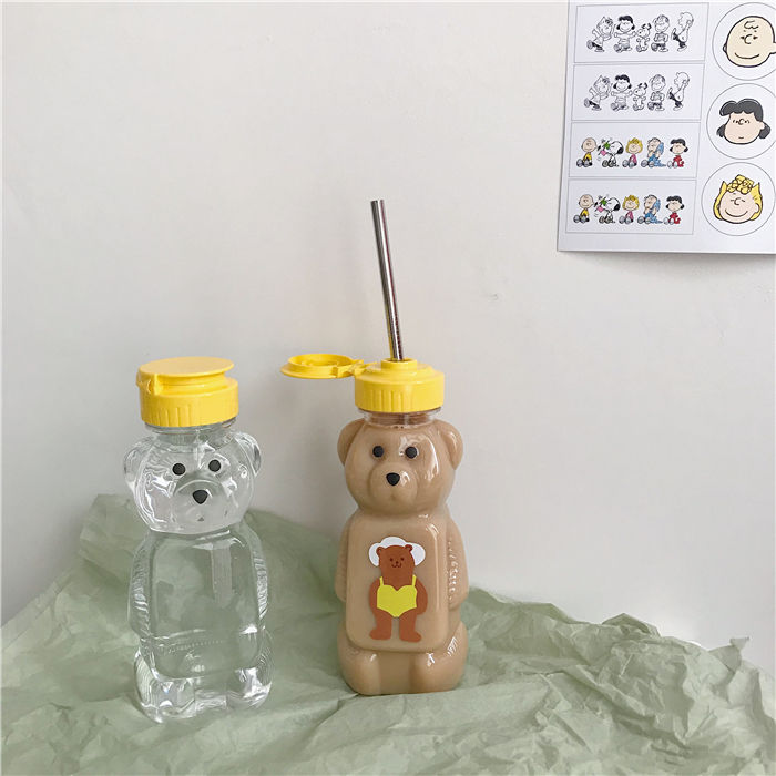 Cute creative portable water bottle student personality bear Straw Cup travel plastic cup bottle transparent bottle children