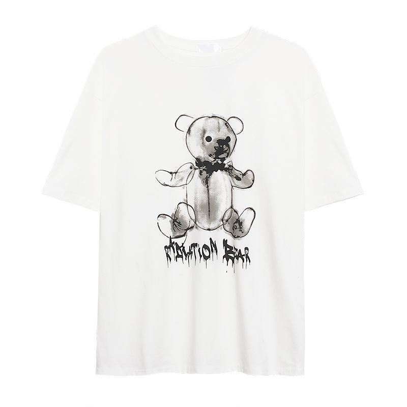  summer new Korean ins super hot retro bear cartoon white short-sleeved loose T-shirt trendy women's top trend