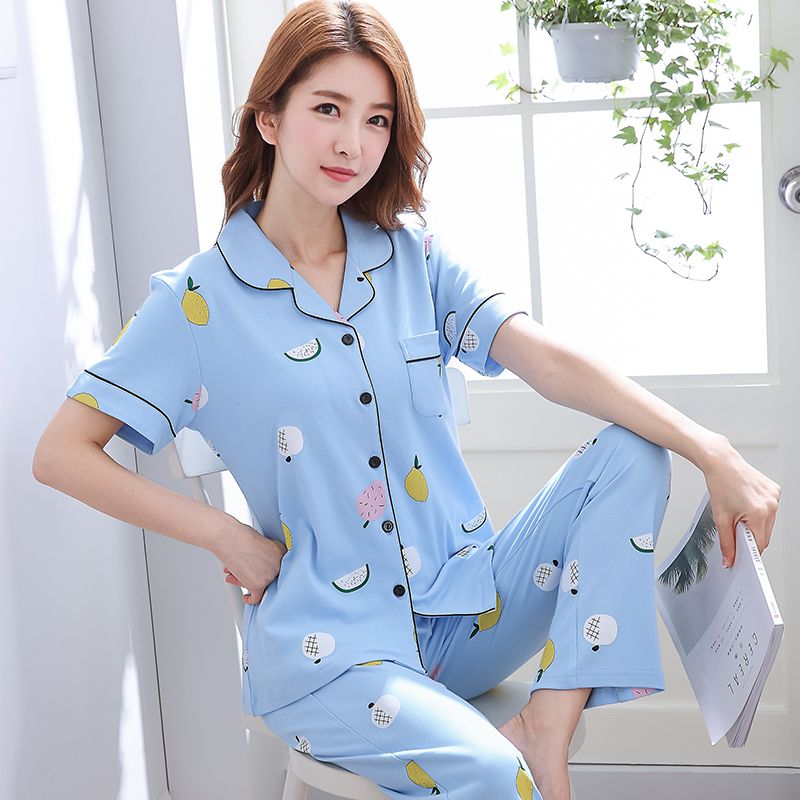 Pajamas women's summer cotton short-sleeved trousers two-piece suit large size Korean version loose student spring and autumn cute home service