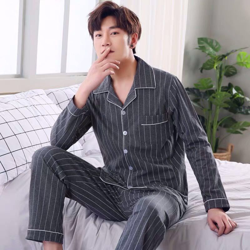 Men's pajamas spring and autumn winter long sleeve cardigan, middle-aged and old people's casual large size pajamas, men's summer trousers home clothes set