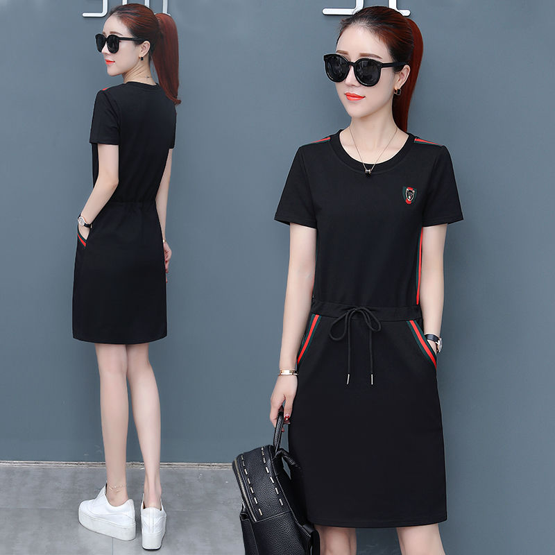 Good quality casual sports waist dress medium length spring and summer new women's dress large size shows thin one-step hip skirt