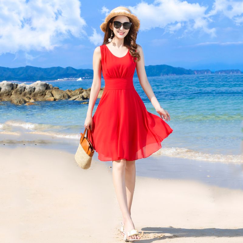 2019 New Summer Sleeveless Chiffon Dress Bohemian Midi-Length Skirt Temperament Slim-fitting Seaside Vacation Beach Skirt