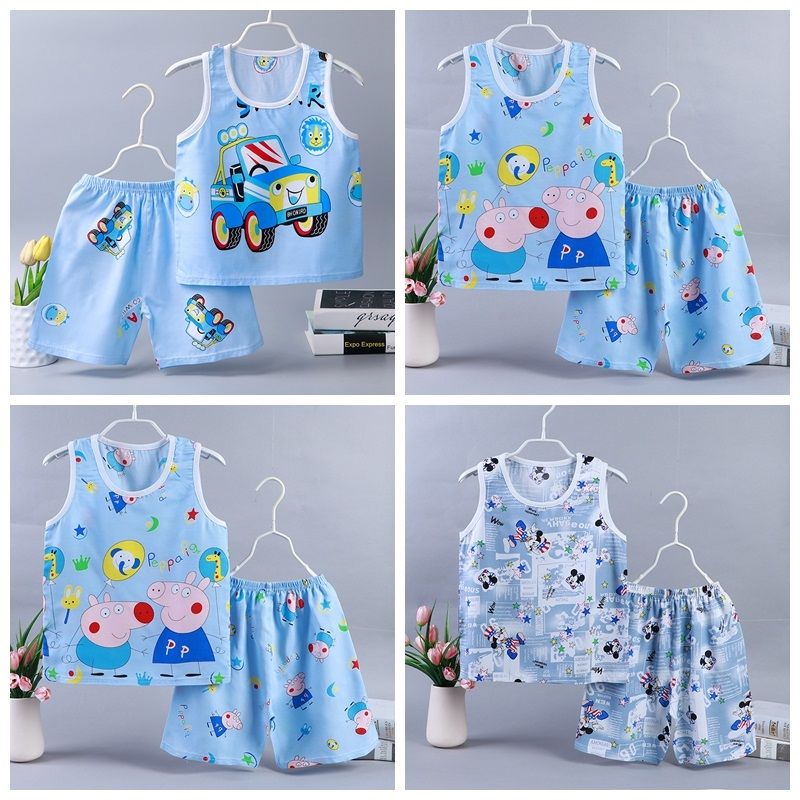 Children's cotton silk vest set Summer Boys and girls shorts sleeveless air conditioning clothes thin pajamas children's home clothes