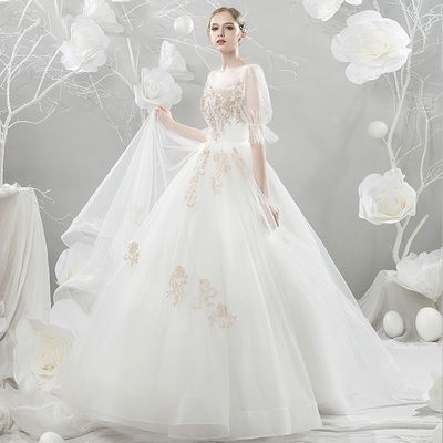 66484/婚纱礼服2021新款春季拖尾韩版公主梦幻显瘦森系旅拍新娘婚纱简约