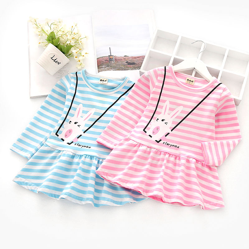 Girls' spring dress 2020 new Korean version of children's rabbit long sleeve skirt cute baby striped skirt