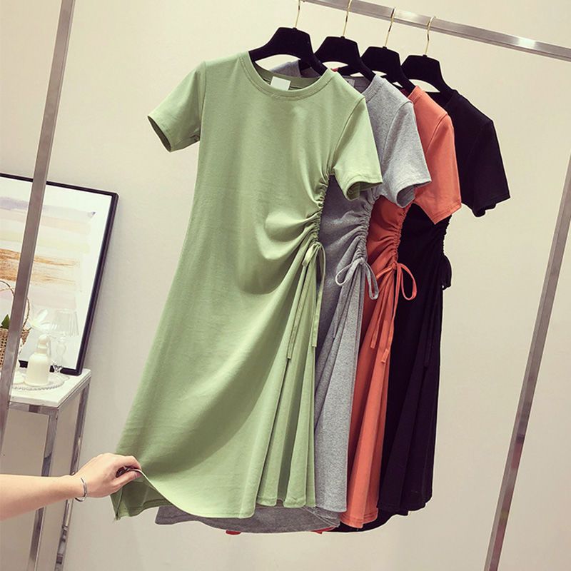 2020 new Korean version of Avocado Green Dress for women summer slim show slim waist drawstring medium length A-line skirt for women