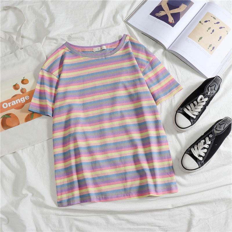 [cotton] Yafeng 2020 summer Korean version loose ins Rainbow Stripe short sleeve T-shirt girl student BF T-shirt